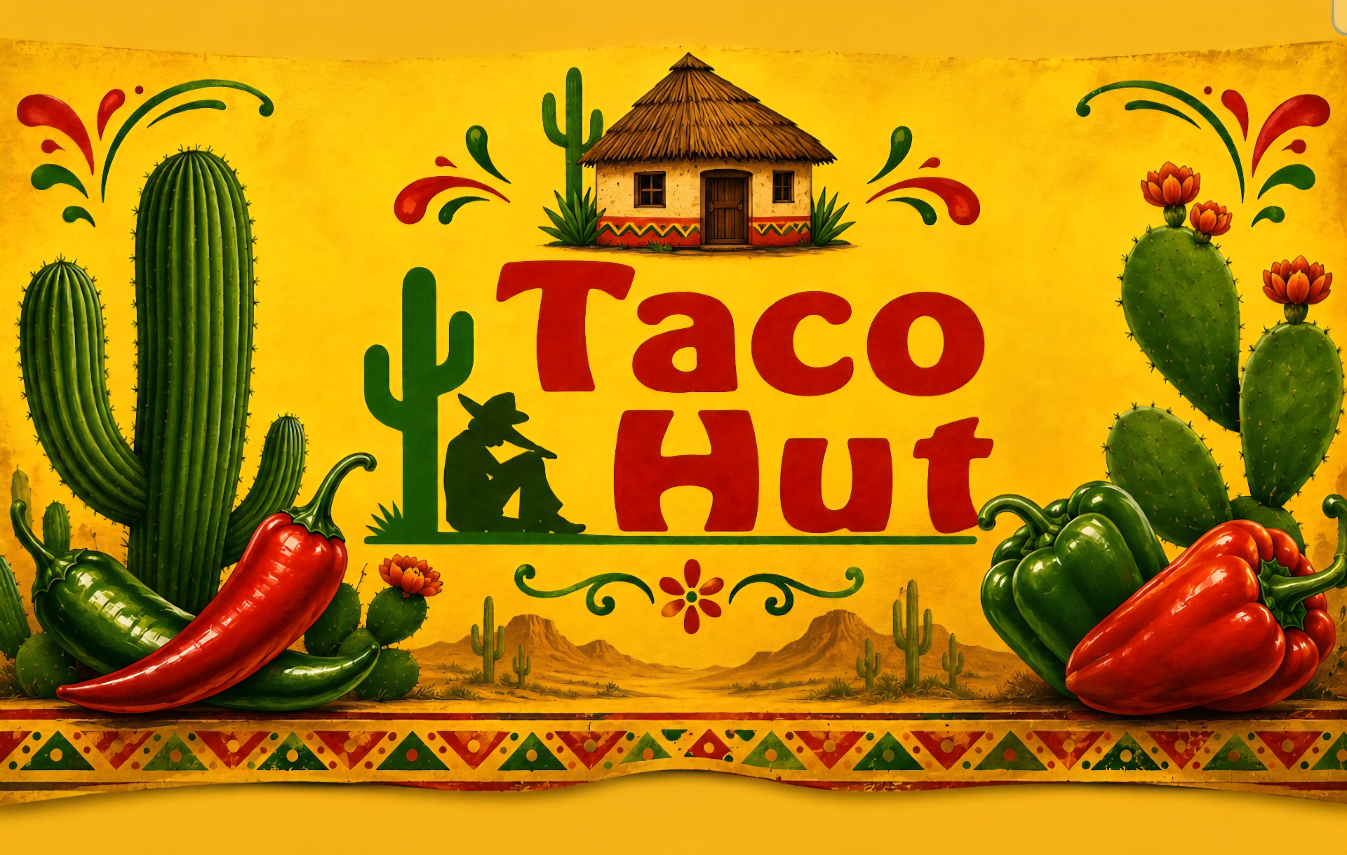 Taco Hut logo with cactus, peppers, and adobe hut